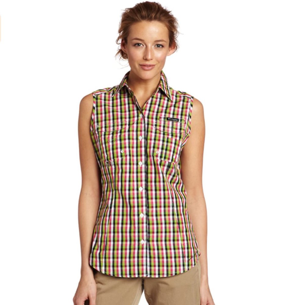 Columbia Super Bonehead Button Up Top Size Large Plaid Vented UPF 30 Sleeveless